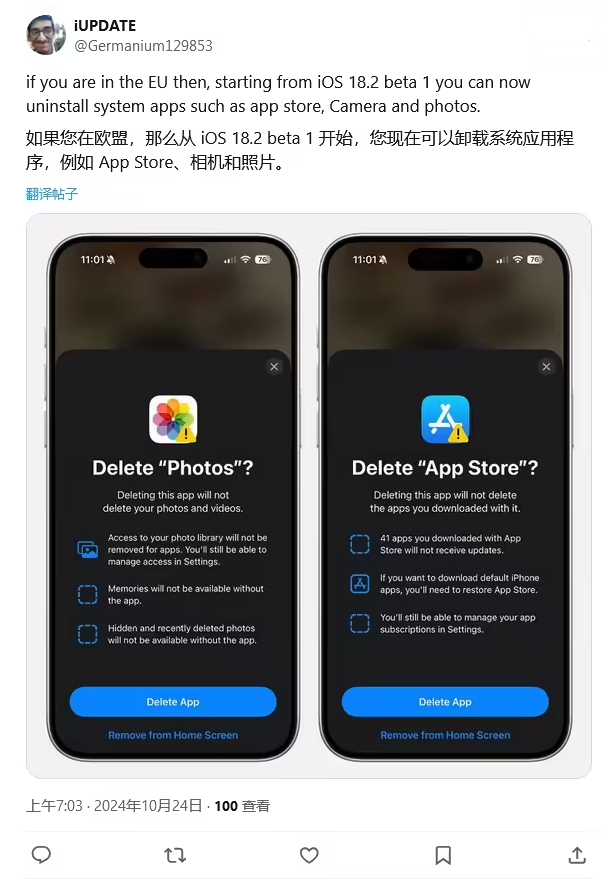 大名苹果手机维修分享iOS 18.2 支持删除 App Store 应用商店 