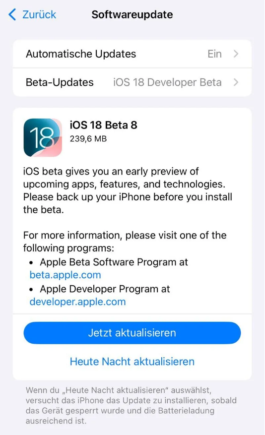 大名苹果手机维修分享苹果 iOS / iPadOS 18 开发者预览版 Beta 8 发布 